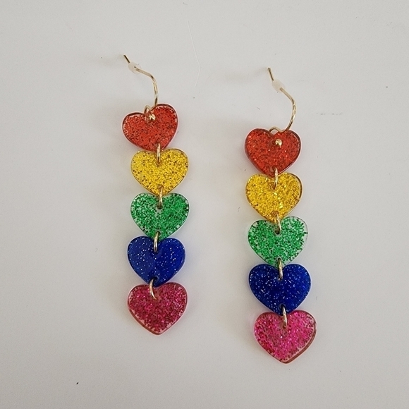 NEW Multi Glitter Resin Heart Dangle Earrings - Picture 3 of 6